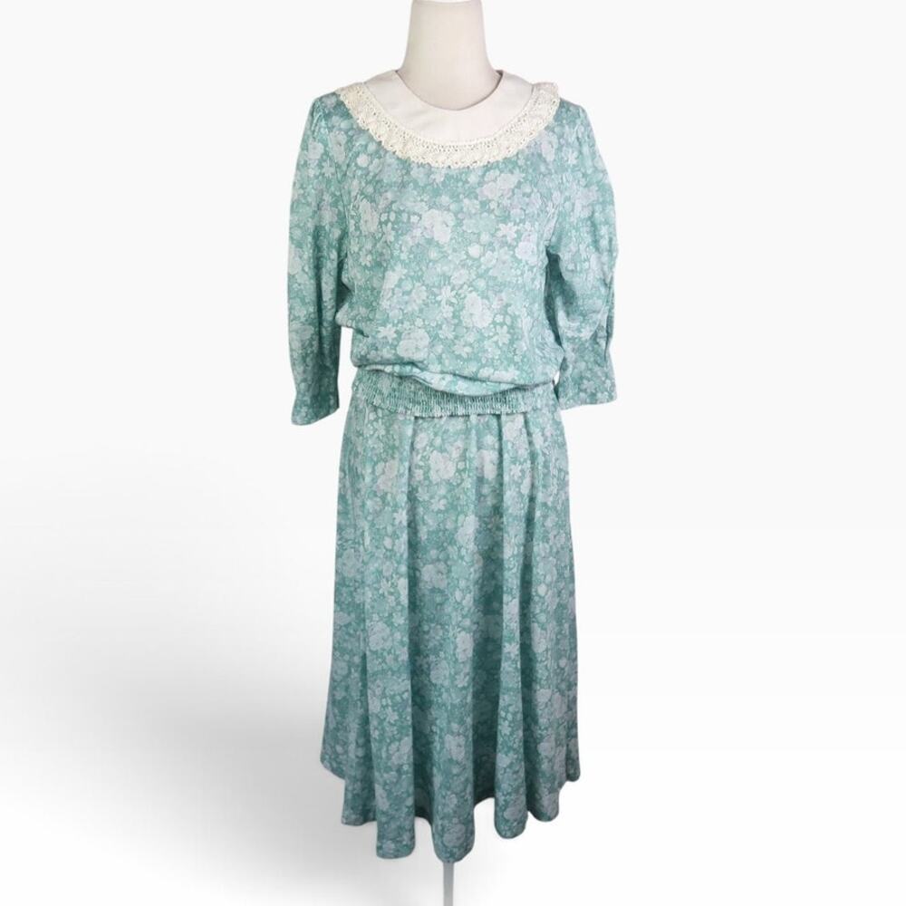 Vintage 80s Frejani Green and Cream Floral Skirt and Top Set Two Piece